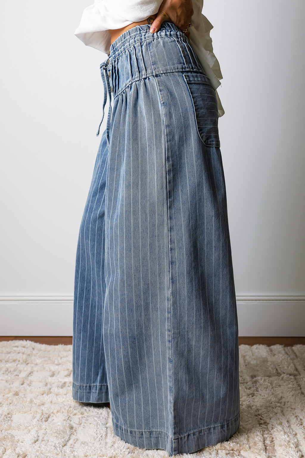 Sky Blue Stripe Wide Leg Jeans | Drawstring Waist & Pleated Detail