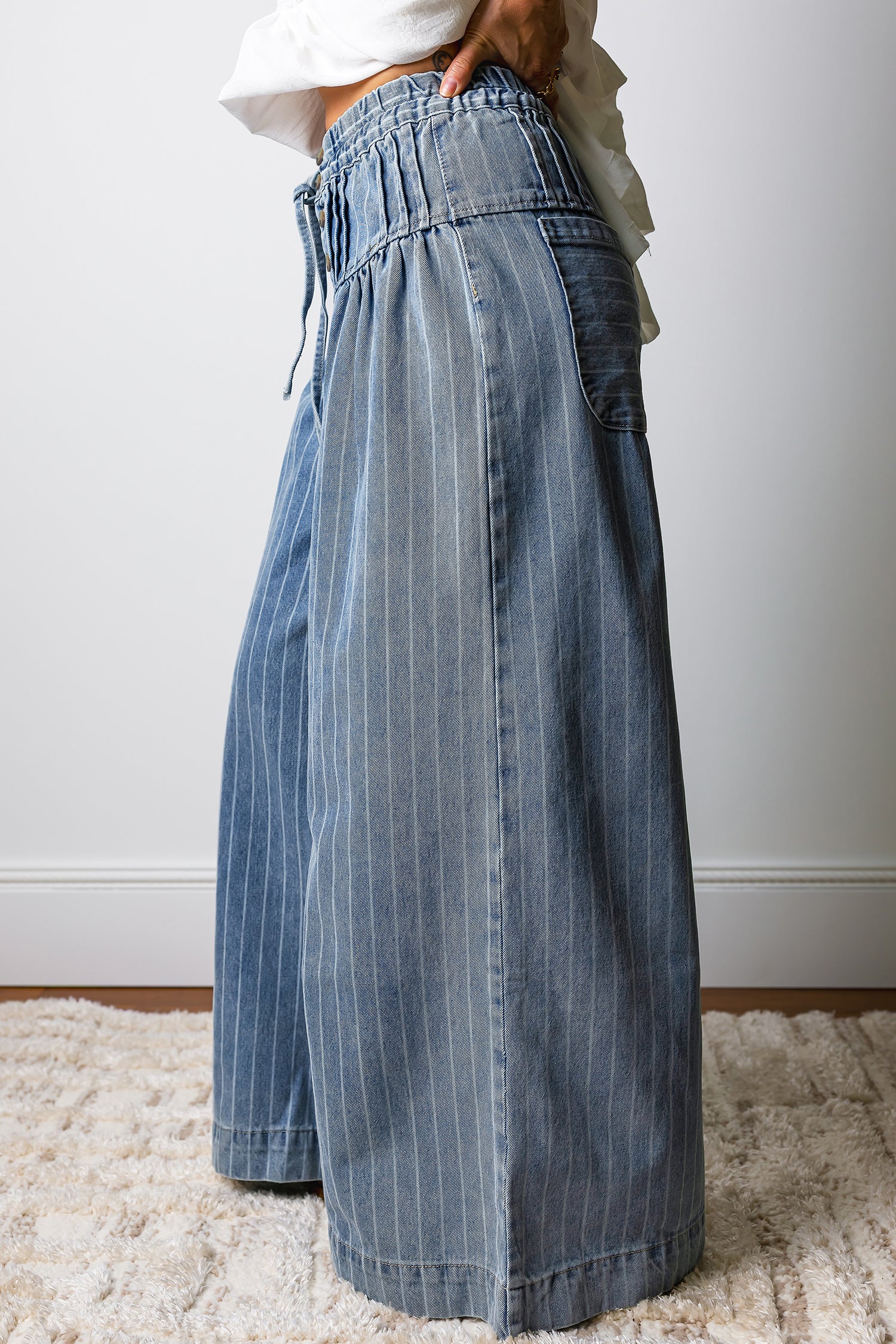 Sky Blue Stripe Wide Leg Jeans | Drawstring Waist & Pleated Detail