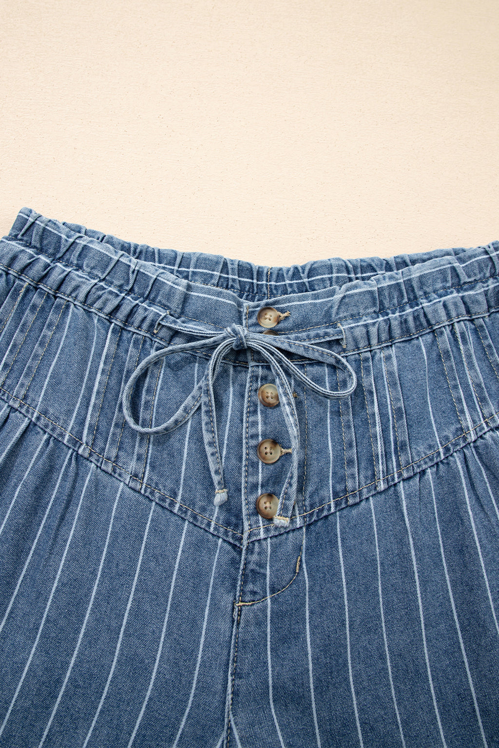 Sky Blue Stripe Wide Leg Jeans | Drawstring Waist & Pleated Detail