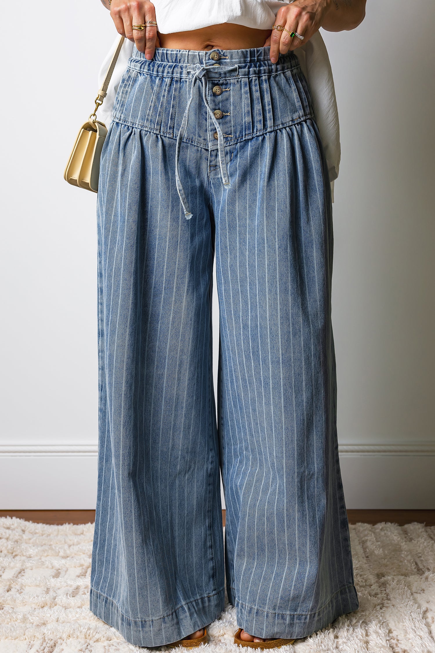 Sky Blue Stripe Wide Leg Jeans | Drawstring Waist & Pleated Detail