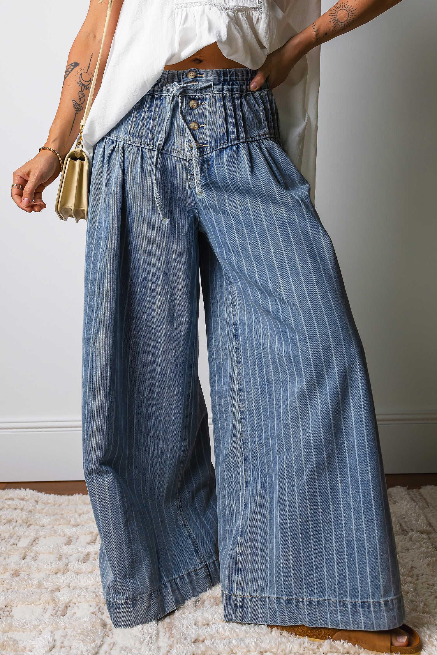 Sky Blue Stripe Wide Leg Jeans | Drawstring Waist & Pleated Detail