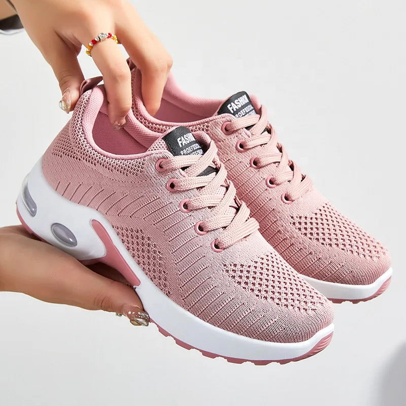 Women's Fly-Woven Breathable Sneakers – Air Cushion Platform Running & Walking Shoes