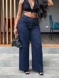 Plus Size High Waist Black Straight Stretch Wide Leg Full Length Denim Jeans