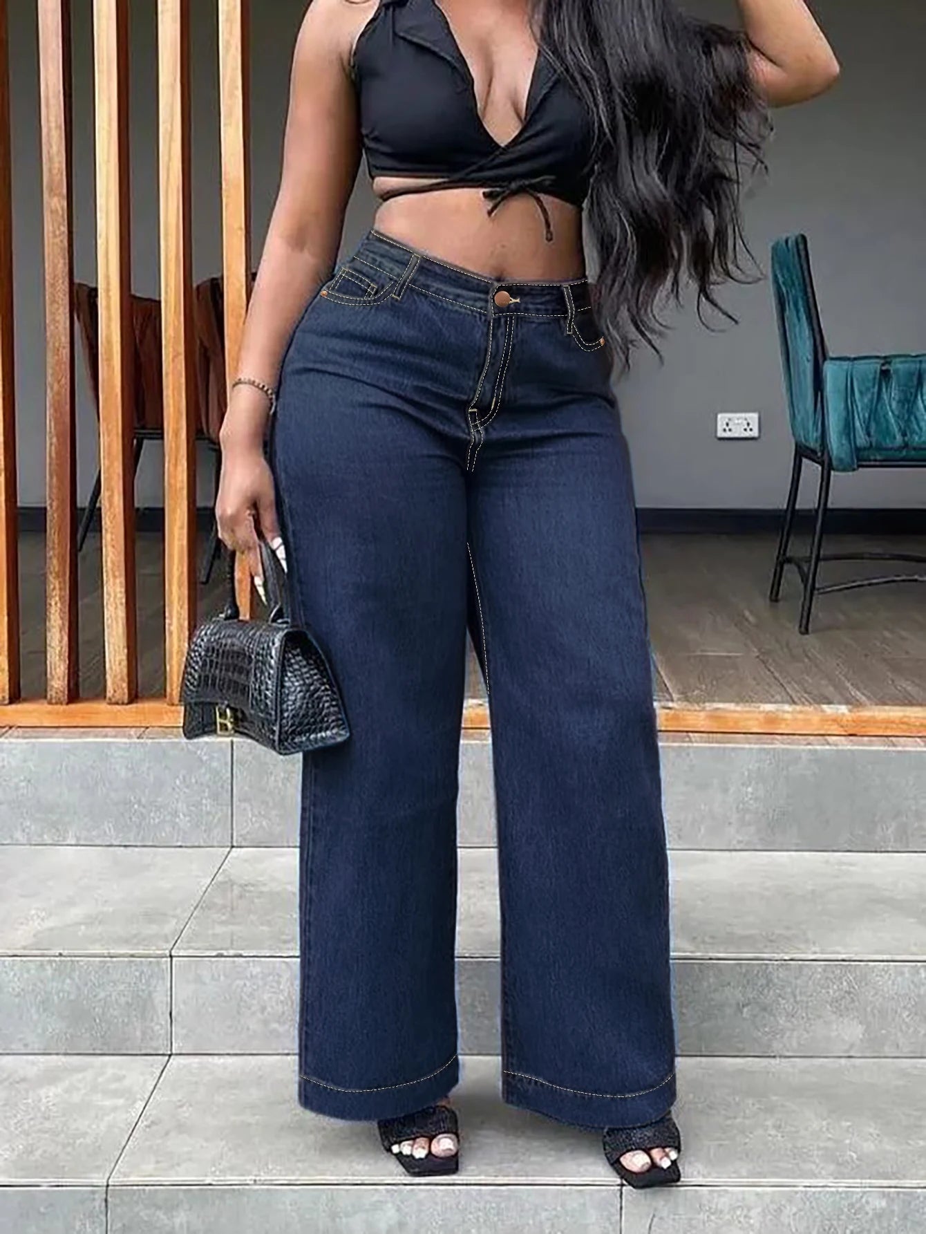 Plus Size High Waist Black Straight Stretch Wide Leg Full Length Denim Jeans