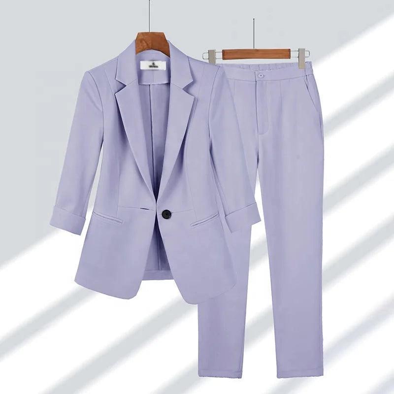 Women's Slim Fit Blazer Two-Piece Suit – Plus Size, Solid, Breathable