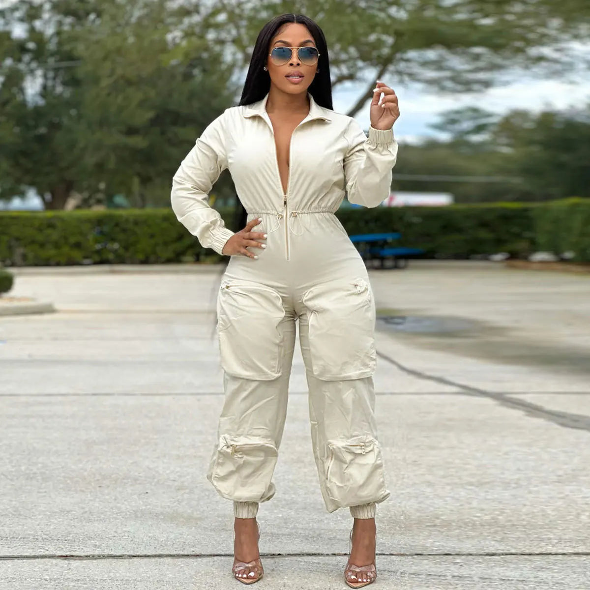 Women's Satin Cargo Jumpsuit | Casual Pocket Romper