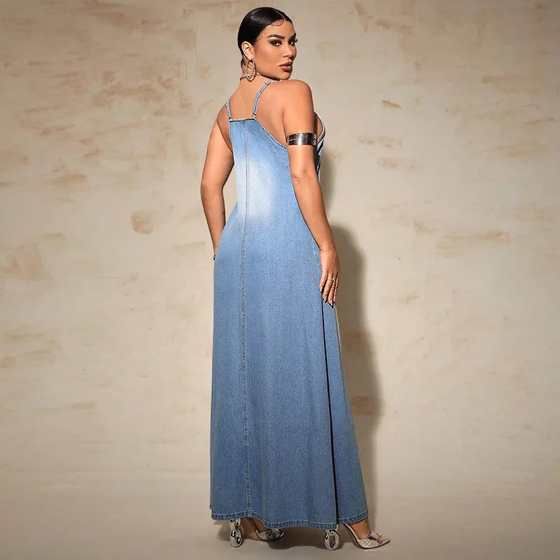 Women Long Sleeveless Pocket Loose Long Vest Denim Dress