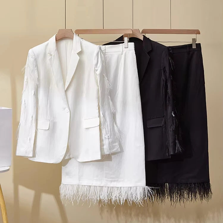 Women's Linen 2-Piece Suit – Feather Tassel Skirt & Jacket Set