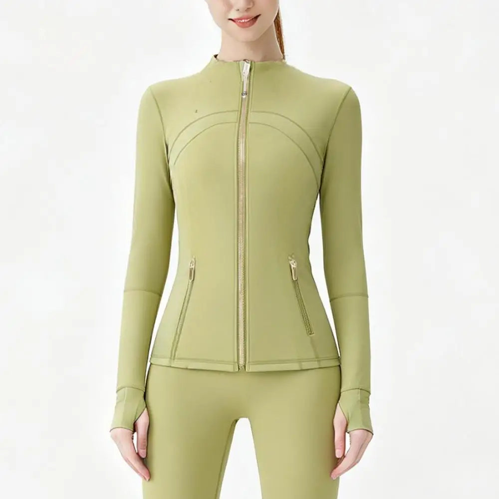Gold Zipper Women Seamless Breathable Nylon Spandex Workout Yoga Jackets Quick Dry Stand Neck  Gym Jacket