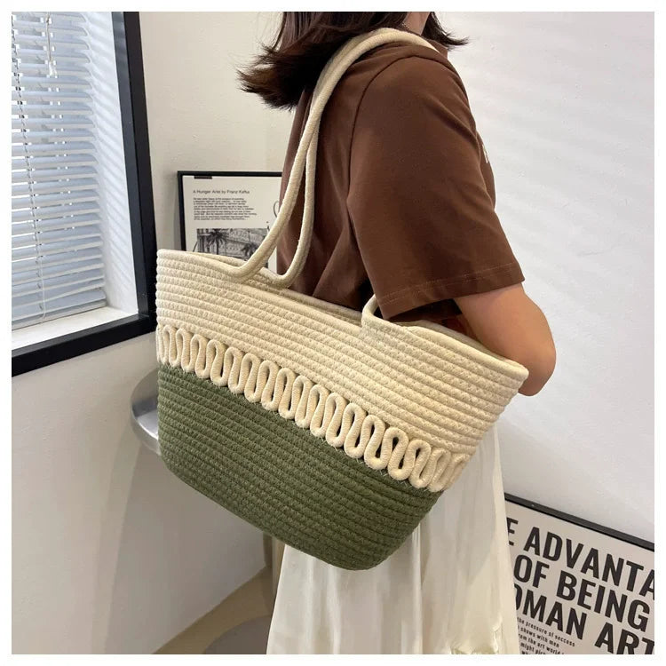 Shoulder Bag Skeleton Cotton Thread Woven Bag New Summer Large Capacity French Straw Bag Seaside Vacation Beach Totes Female