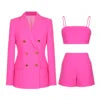 Women's 3-Piece Office Suit Set – Double-Breasted Blazer, Straight Shorts & Slip Cami