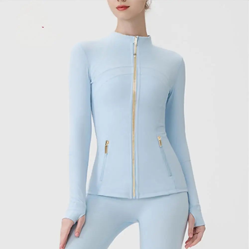 Gold Zipper Women Seamless Breathable Nylon Spandex Workout Yoga Jackets Quick Dry Stand Neck  Gym Jacket