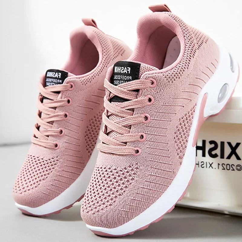 Women's Fly-Woven Breathable Sneakers – Air Cushion Platform Running & Walking Shoes