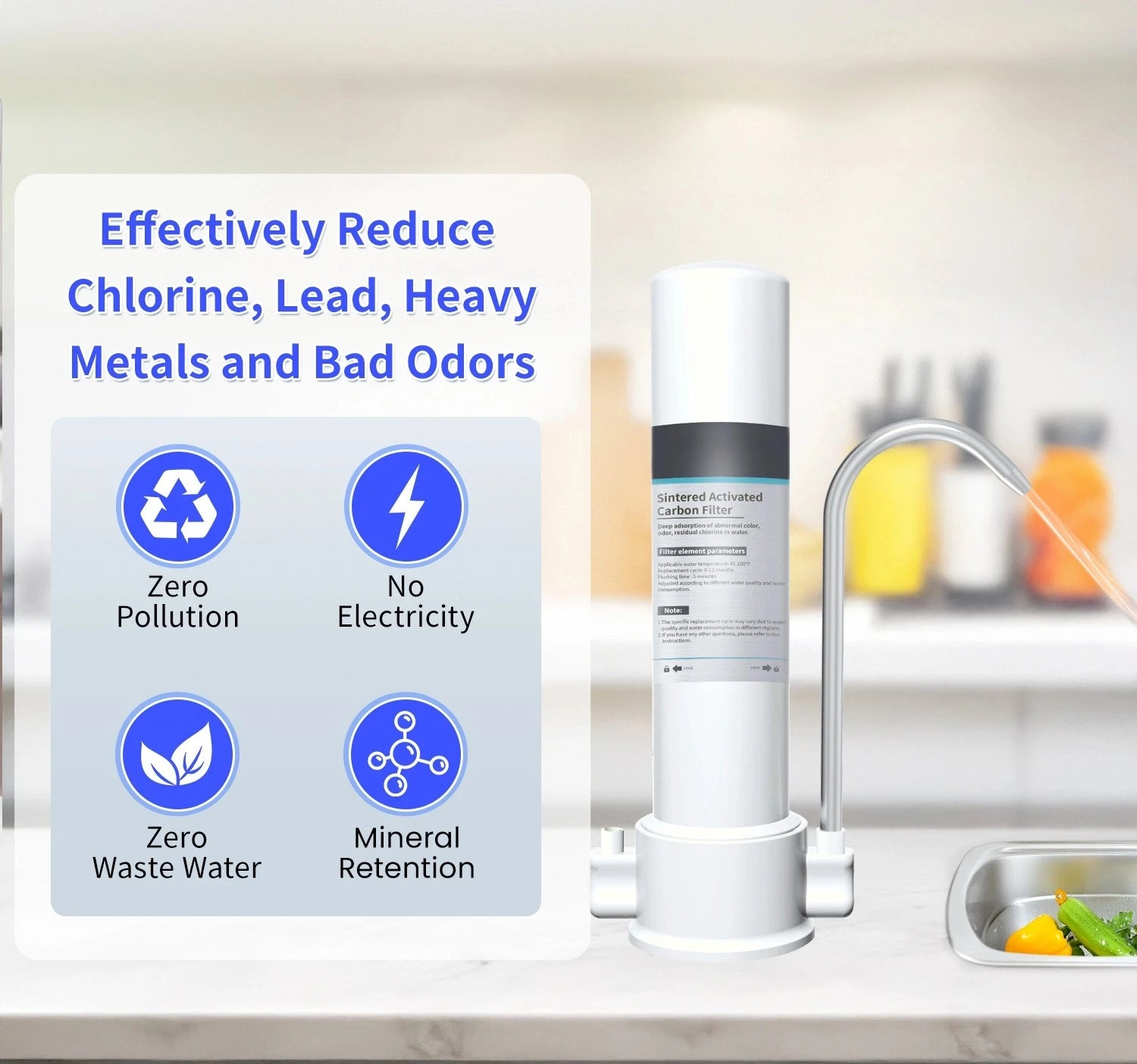 Portable Countertop Water Purifier – 4-Stage Activated Carbon Filter, No Power Needed