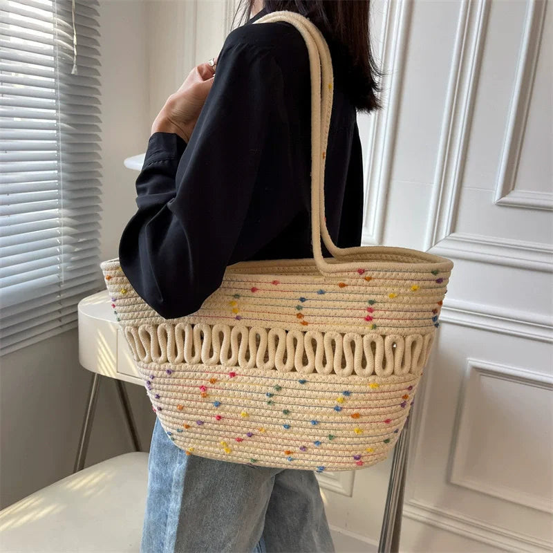Shoulder Bag Skeleton Cotton Thread Woven Bag New Summer Large Capacity French Straw Bag Seaside Vacation Beach Totes Female