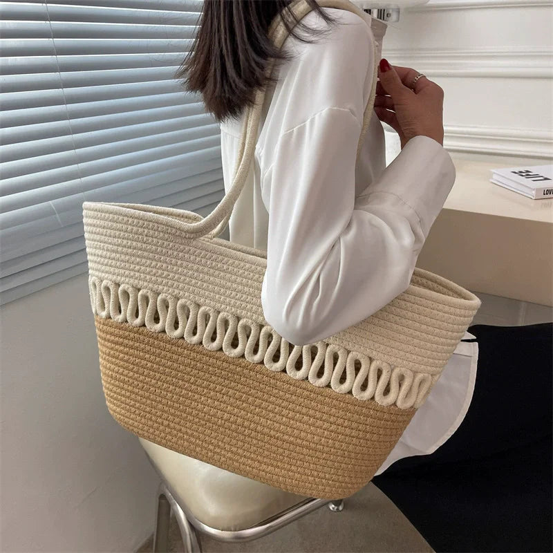 Shoulder Bag Skeleton Cotton Thread Woven Bag New Summer Large Capacity French Straw Bag Seaside Vacation Beach Totes Female