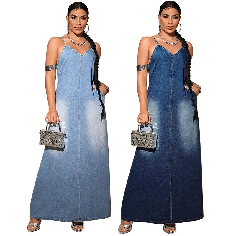 Women Long Sleeveless Pocket Loose Long Vest Denim Dress