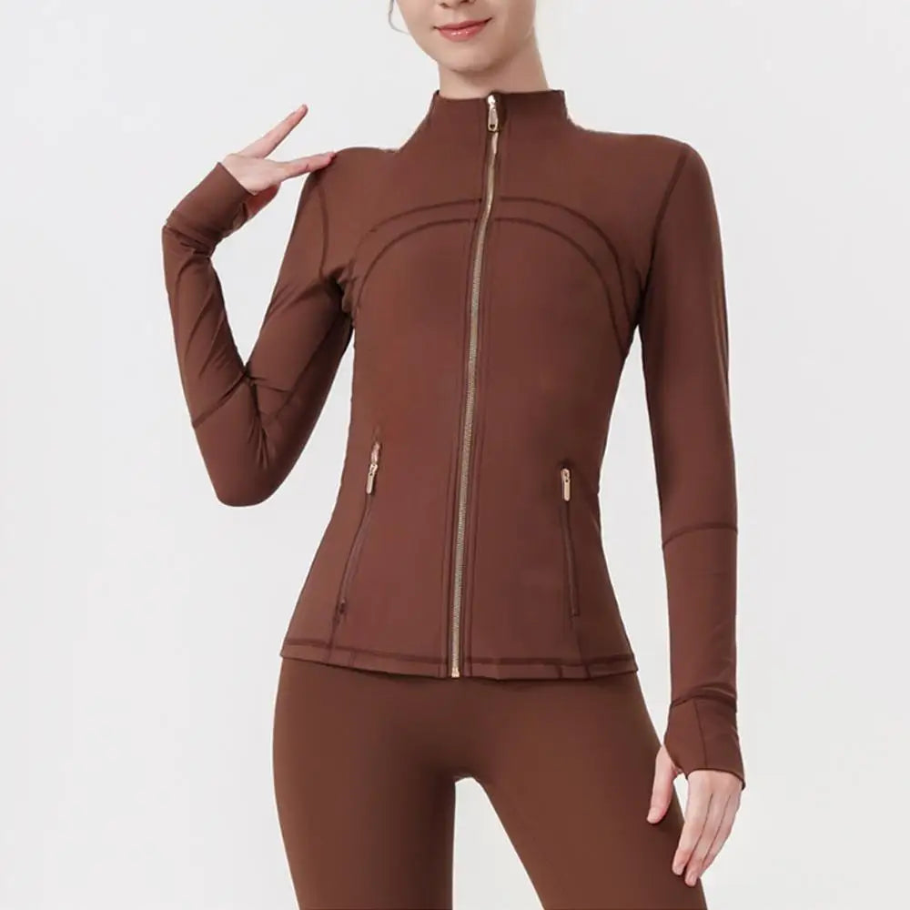 Gold Zipper Women Seamless Breathable Nylon Spandex Workout Yoga Jackets Quick Dry Stand Neck  Gym Jacket