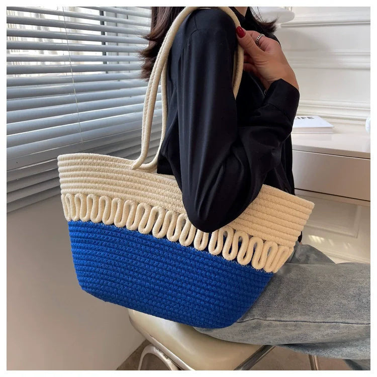 Shoulder Bag Skeleton Cotton Thread Woven Bag New Summer Large Capacity French Straw Bag Seaside Vacation Beach Totes Female