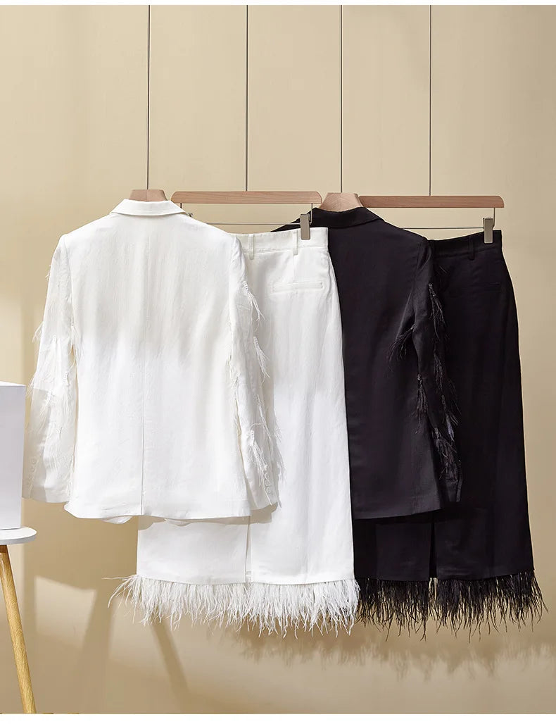 Women's Linen 2-Piece Suit – Feather Tassel Skirt & Jacket Set