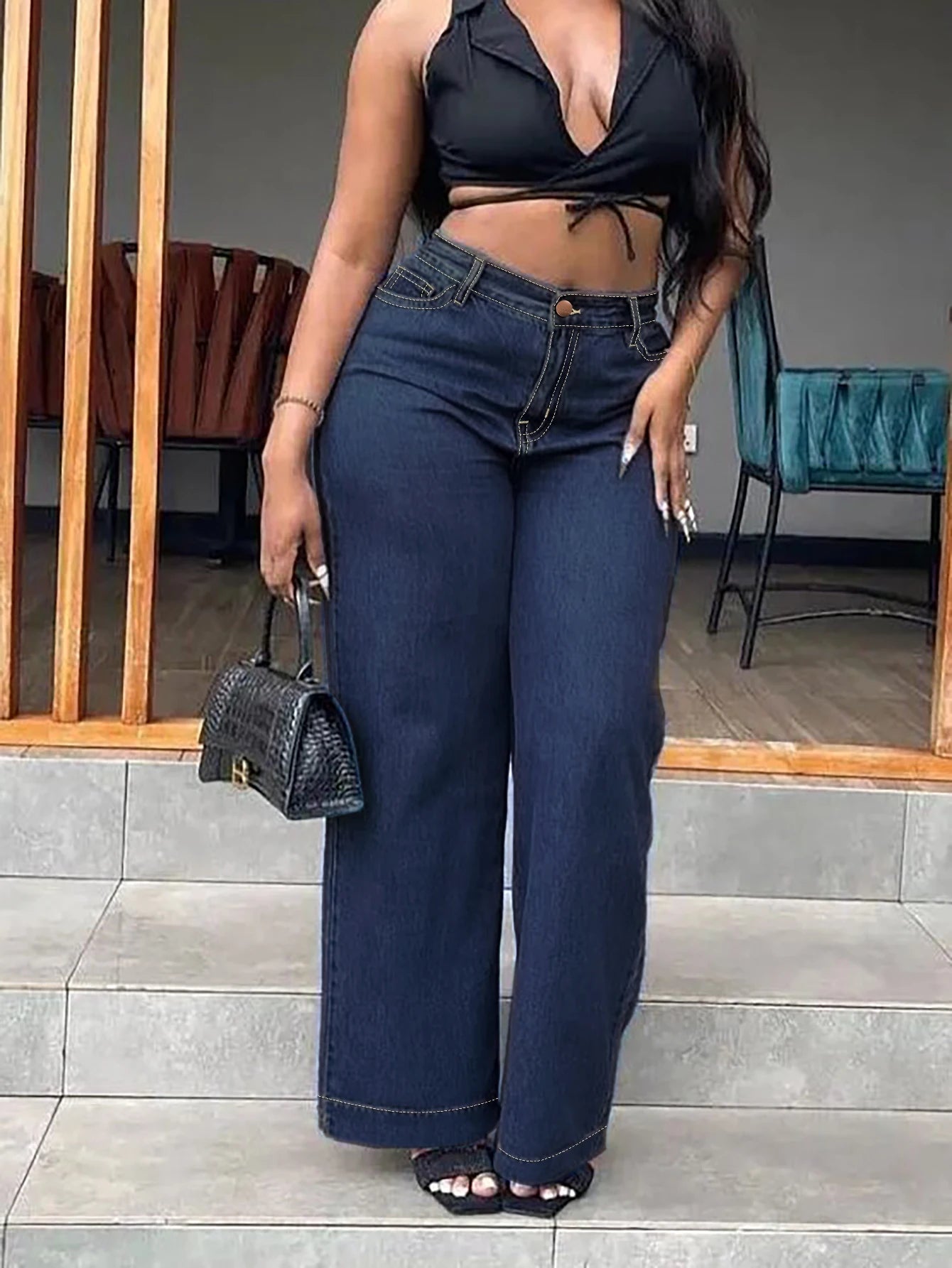 Plus Size High Waist Black Straight Stretch Wide Leg Full Length Denim Jeans