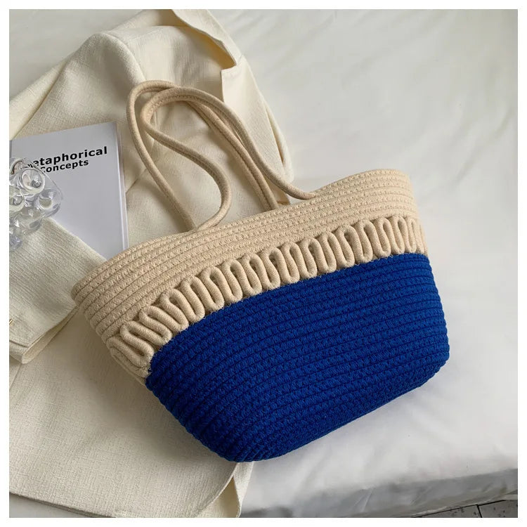 Shoulder Bag Skeleton Cotton Thread Woven Bag New Summer Large Capacity French Straw Bag Seaside Vacation Beach Totes Female