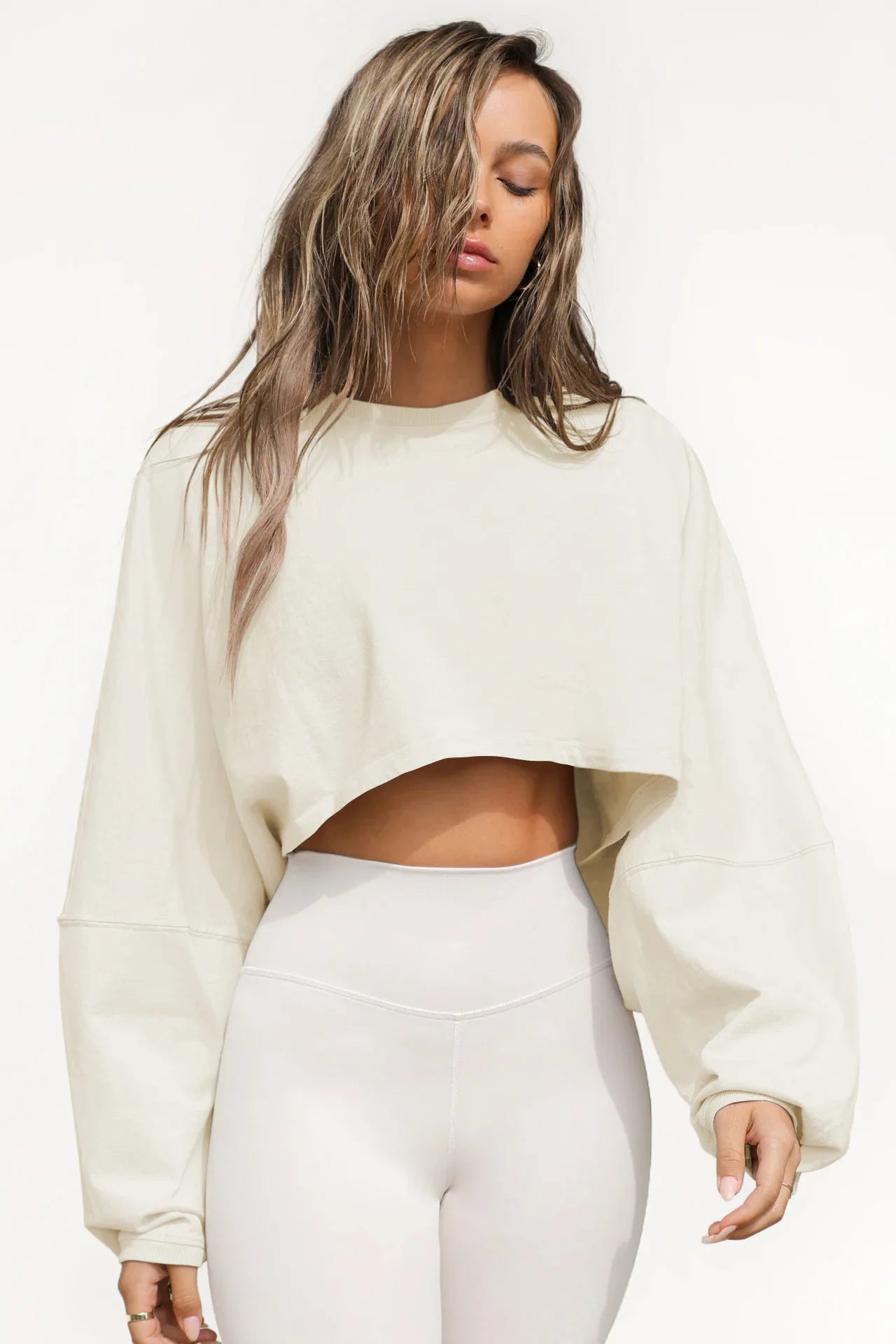 Cropped Crewneck Long Sleeve Top – Women's Stretch Knit Activewear