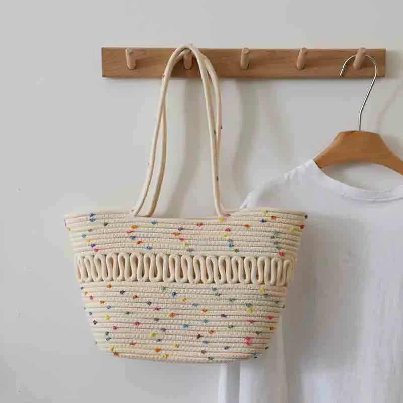 Shoulder Bag Skeleton Cotton Thread Woven Bag New Summer Large Capacity French Straw Bag Seaside Vacation Beach Totes Female