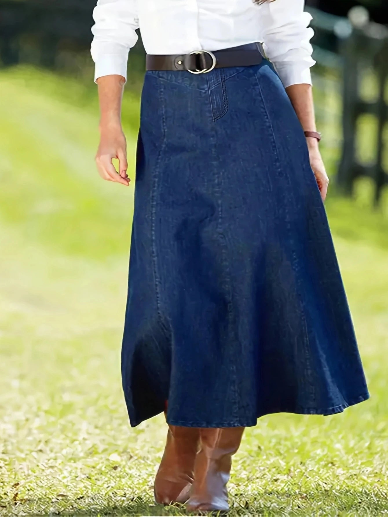 Women's Casual A-Line Denim Skirts Quick Dry Lightweight Midi Length Washed Style