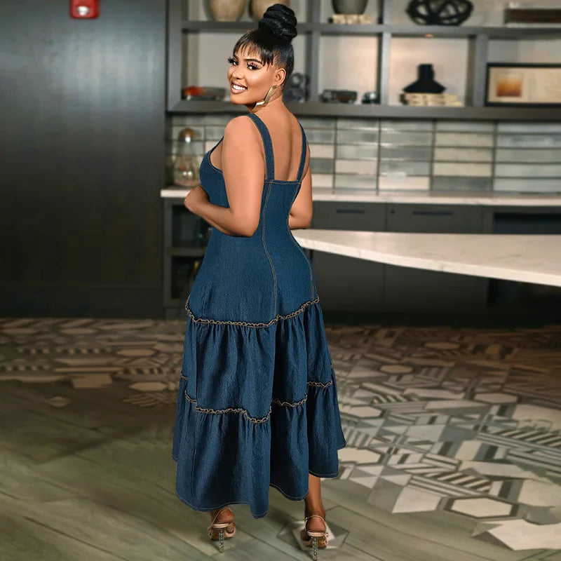 Women's Sleeveless Denim Casual Maxi Jean Dress for Plus Size Women