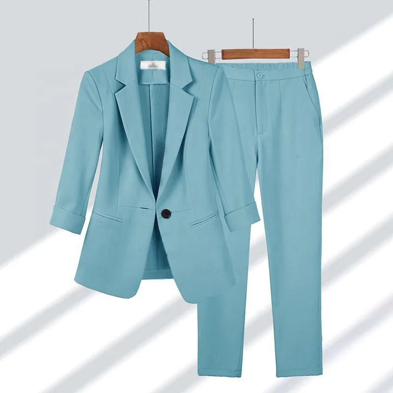 Women's Slim Fit Blazer Two-Piece Suit – Plus Size, Solid, Breathable