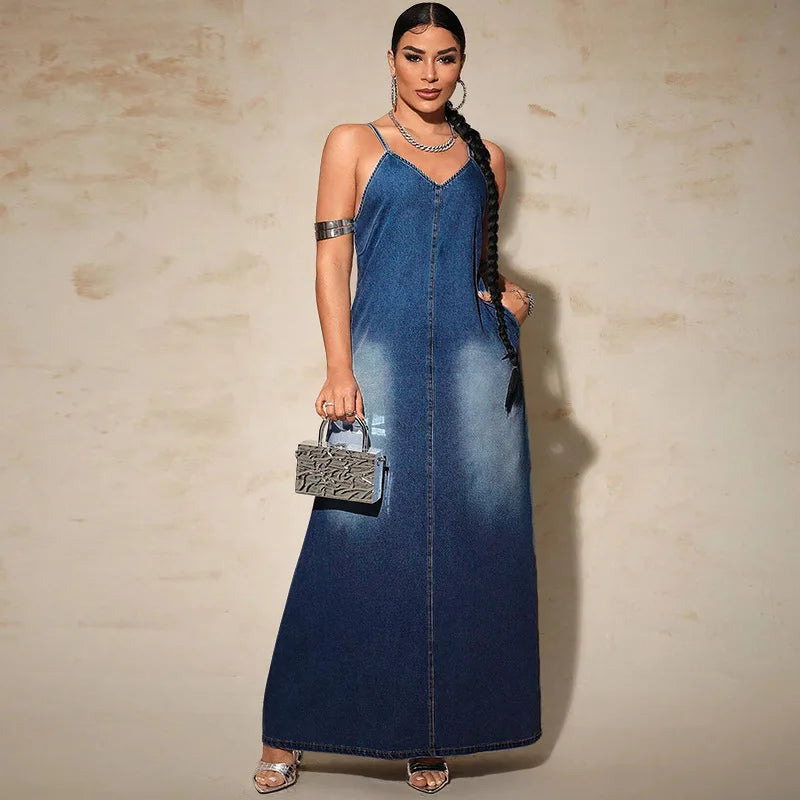 Women Long Sleeveless Pocket Loose Long Vest Denim Dress