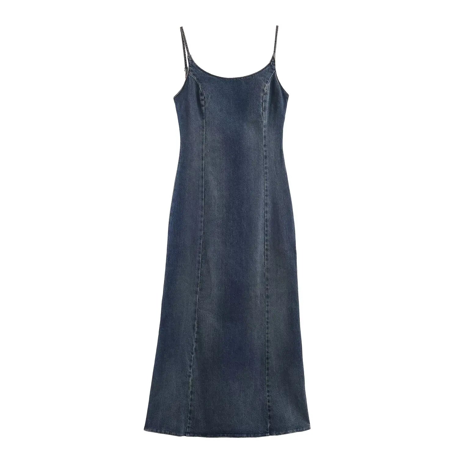 Women's Camisole Denim Midi Dress with Stitched and Layered  Details