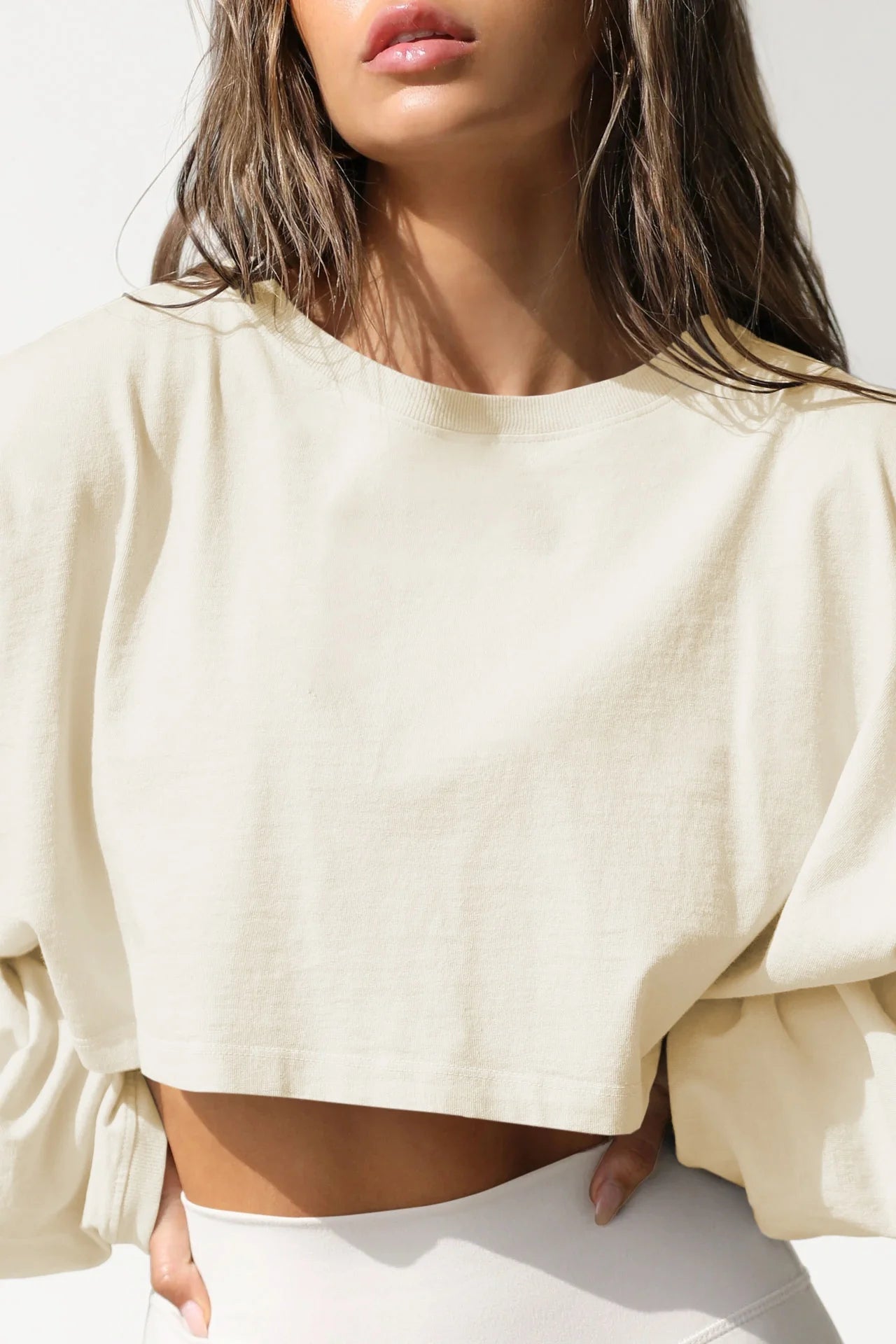 Cropped Crewneck Long Sleeve Top – Women's Stretch Knit Activewear