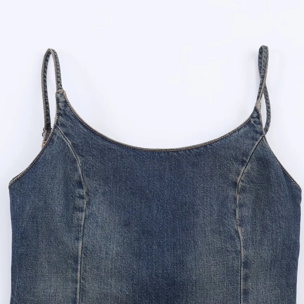 Women's Camisole Denim Midi Dress with Stitched and Layered  Details