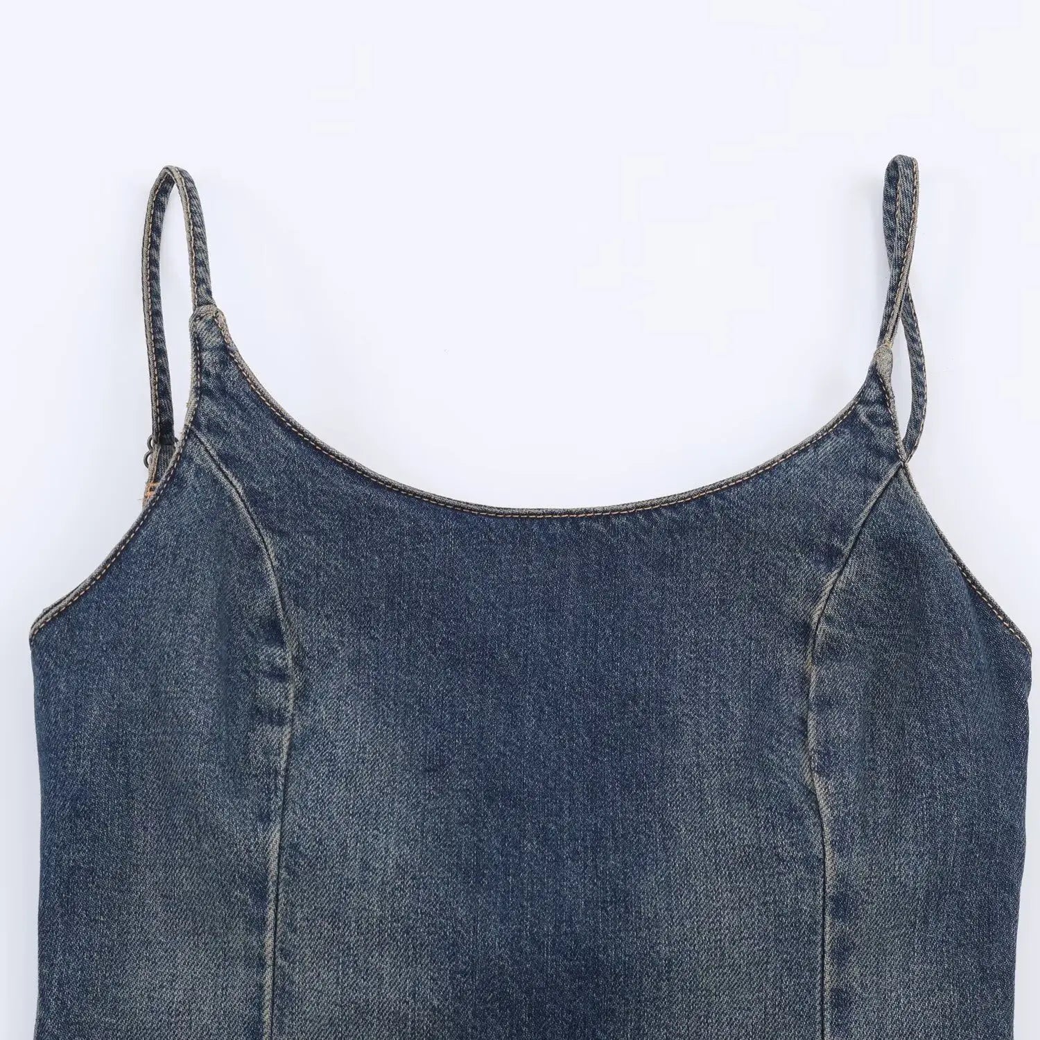 Women's Camisole Denim Midi Dress with Stitched and Layered  Details