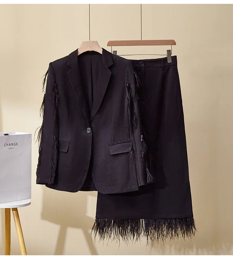 Women's Linen 2-Piece Suit – Feather Tassel Skirt & Jacket Set