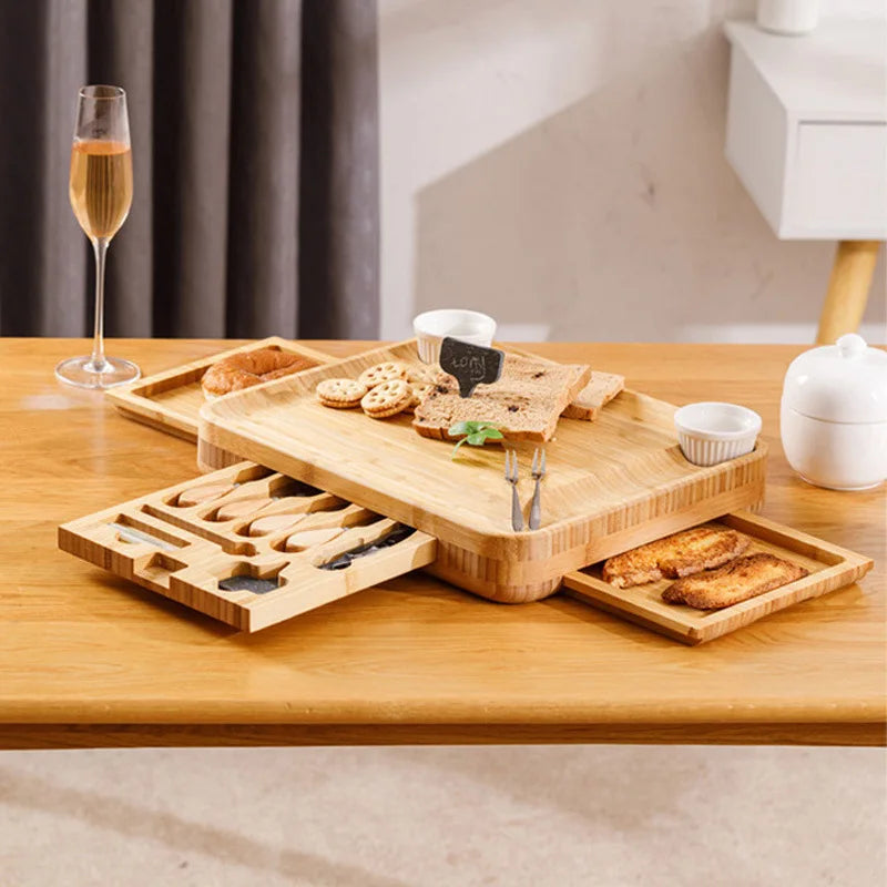 Bamboo Cheese Cutting Charcuterie Board Tray Set with Cutlery