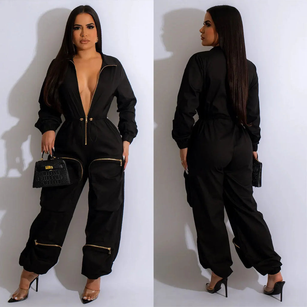 Women's Satin Cargo Jumpsuit | Casual Pocket Romper