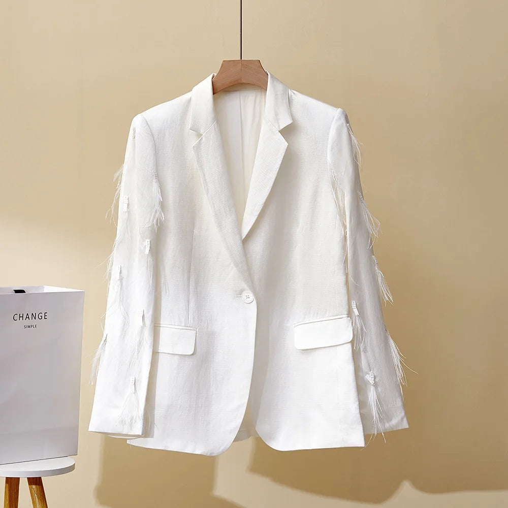 Women's Linen 2-Piece Suit – Feather Tassel Skirt & Jacket Set