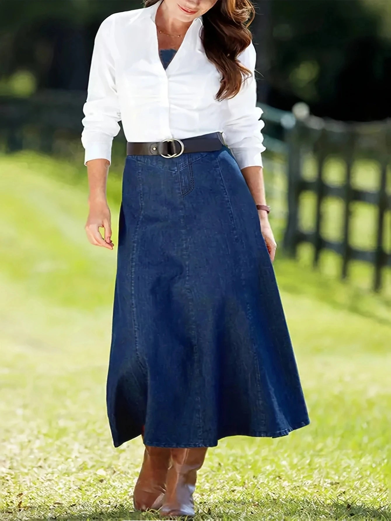 Women's Casual A-Line Denim Skirts Quick Dry Lightweight Midi Length Washed Style
