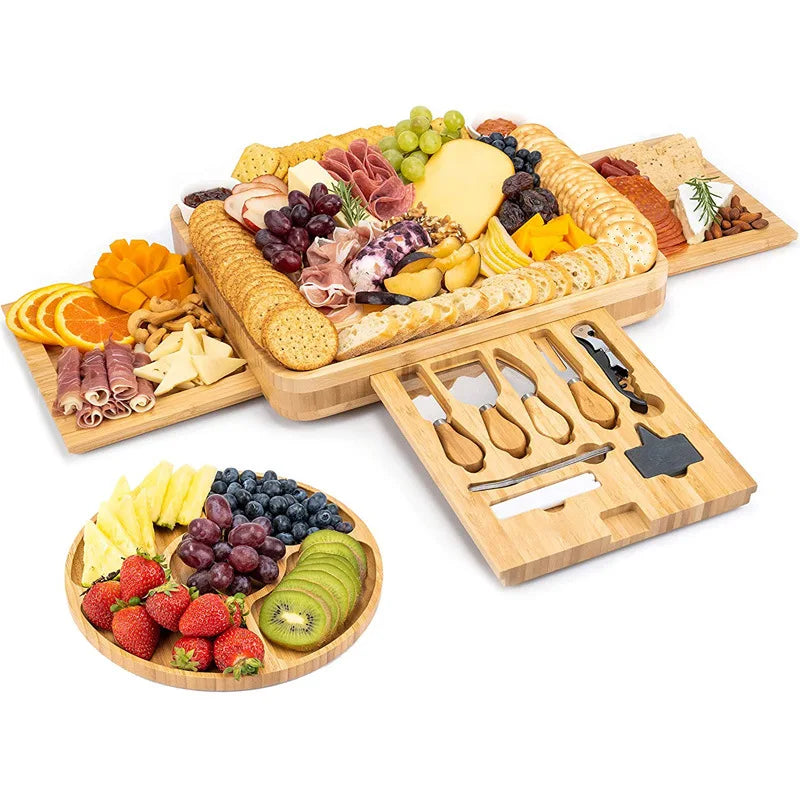 Bamboo Cheese Cutting Charcuterie Board Tray Set with Cutlery