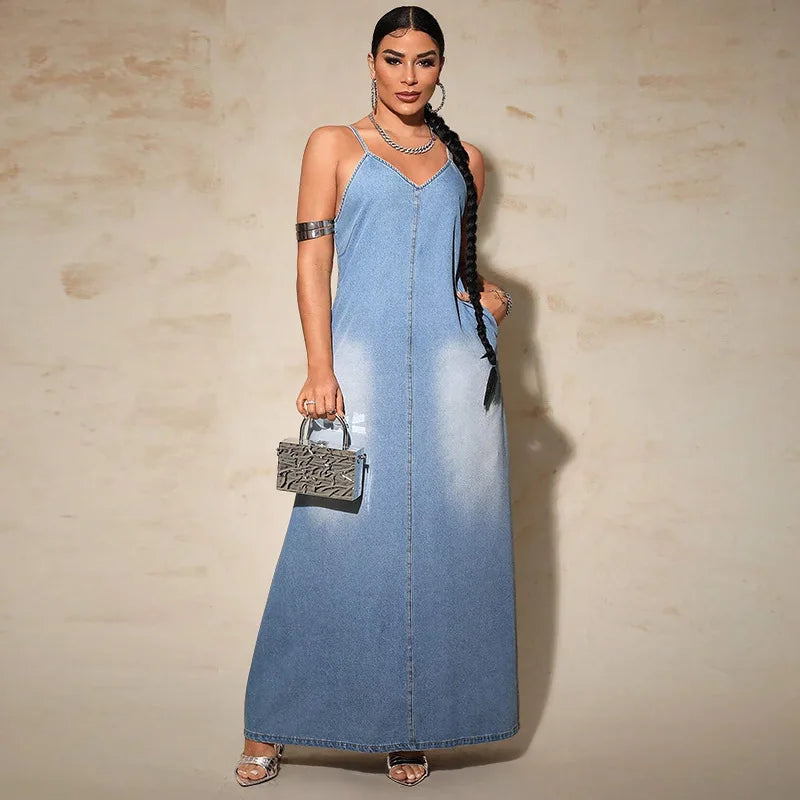 Women Long Sleeveless Pocket Loose Long Vest Denim Dress