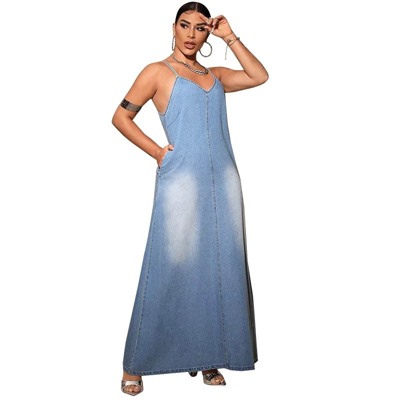 Women Long Sleeveless Pocket Loose Long Vest Denim Dress