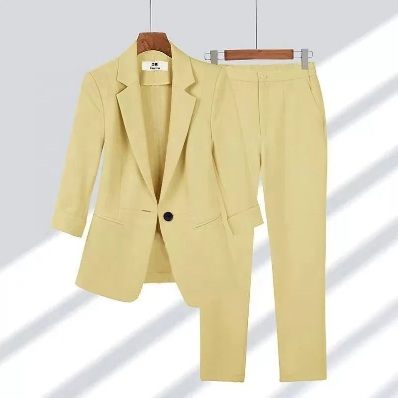Women's Slim Fit Blazer Two-Piece Suit – Plus Size, Solid, Breathable