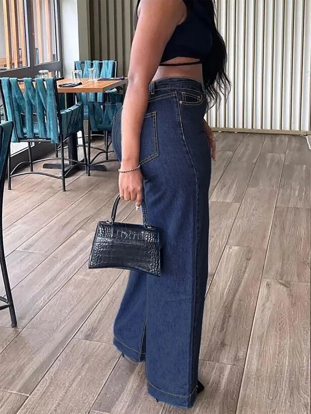 Plus Size High Waist Black Straight Stretch Wide Leg Full Length Denim Jeans