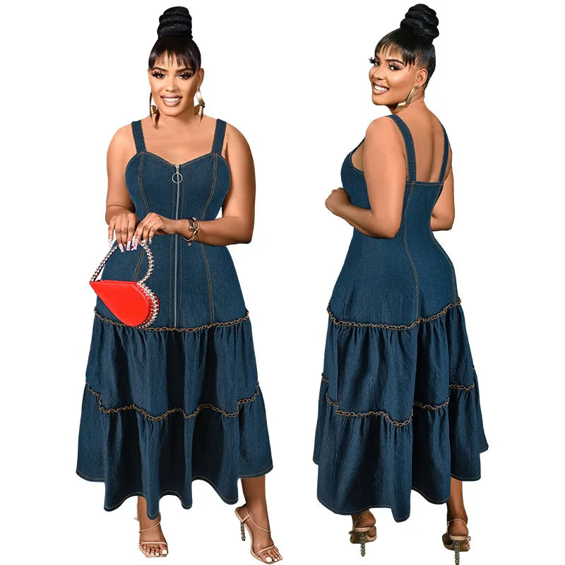 Women's Sleeveless Denim Casual Maxi Jean Dress for Plus Size Women