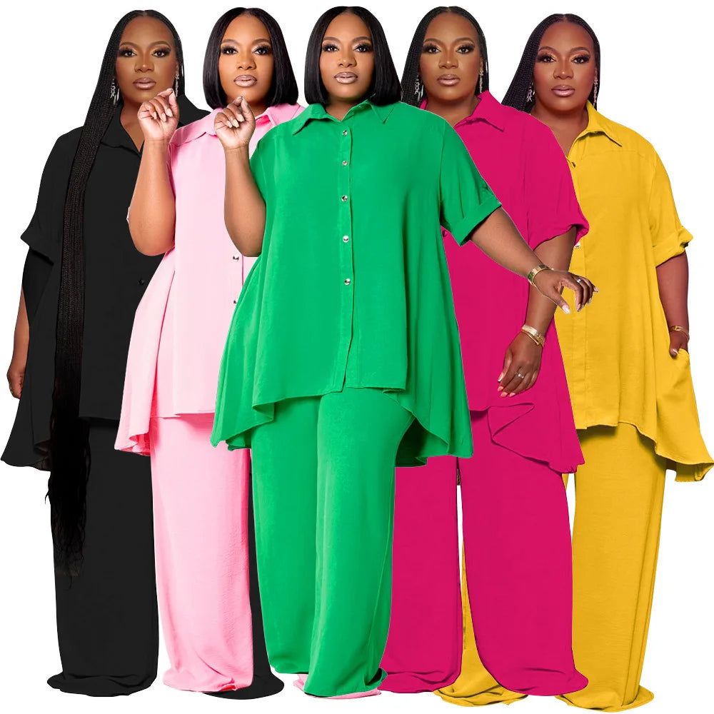 Women's Plus Size Chiffon Top & Wide-Leg Pants Set