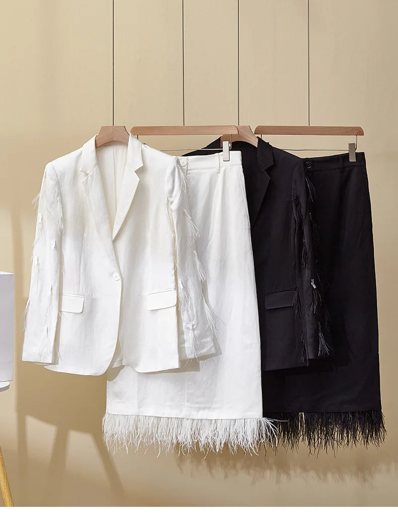 Women's Linen 2-Piece Suit – Feather Tassel Skirt & Jacket Set