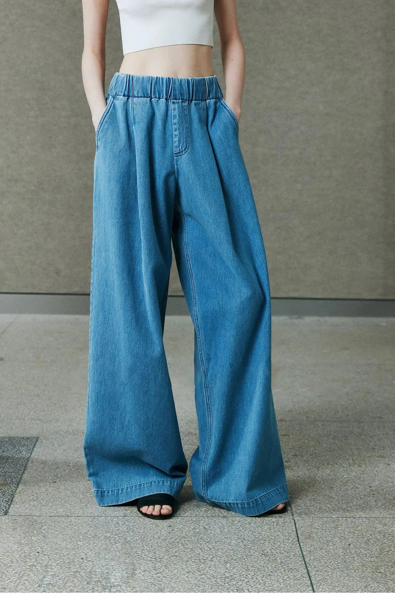 Women's Baggy Wide Leg Denim Jeans – High Waist Drawstring Casual Pants